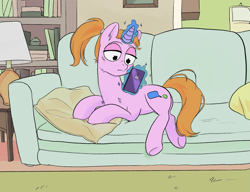 Size: 1951x1495 | Tagged: safe, artist:draw3, imported from derpibooru, pony, unicorn, /mlp/, 4chan, book, bookshelf, cellphone, couch, crossover, drawthread, glowing horn, horn, lamp, magic, phone, ponified, rick and morty, smartphone, solo, summer smith, telekinesis