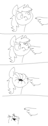 Size: 454x1180 | Tagged: safe, artist:anonymous, imported from derpibooru, derpy hooves, earth pony, human, pony, /mlp/, 4chan, angry, boop, boop denied, bust, comic, drawthread, duo, monochrome, offscreen character, wat