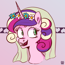 Size: 1341x1341 | Tagged: safe, artist:kerpupu, imported from derpibooru, princess cadance, queen chrysalis, alicorn, changeling, changeling queen, pony, a canterlot wedding, cute, cute little fangs, disguise, disguised changeling, fake cadance, fangs, female, gradient background, signature, teeth