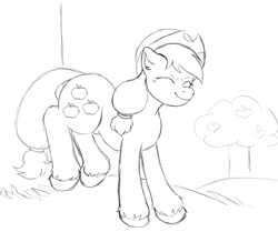 Size: 1089x951 | Tagged: safe, artist:anonymous, artist:happyartfag, imported from derpibooru, applejack, earth pony, pony, /mlp/, 4chan, bucking, drawthread, eyes closed, female, hooves, monochrome, solo, tree