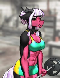 Size: 770x1000 | Tagged: safe, artist:mykegreywolf, imported from derpibooru, oc, oc only, oc:twisted mind, anthro, abs, anthro oc, belly button, breasts, cleavage, clothes, female, interspecies offspring, midriff, muscles, muscular female, offspring, parent:lord tirek, parent:twilight sparkle, parents:twirek, reasonably sized breasts, solo, sports bra, sports shorts, weight lifting, weights, workout outfit