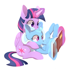 Size: 1280x1205 | Tagged: safe, artist:sion, edit, imported from derpibooru, trixie, twilight sparkle, alicorn, pony, unicorn, book, female, lesbian, mare, reading, shipping, simple background, transparent background, twilight sparkle (alicorn), twixie, vector