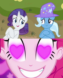 Size: 1024x1268 | Tagged: safe, artist:superfluttershy100, imported from derpibooru, pinkie pie, rarity, trixie, pony, unicorn, coinky-dink world, eqg summertime shorts, equestria girls, exploitable meme, female, heart eyes, lesbian, mare, meme, pinkie's eyes, rarixie, shipping, wingding eyes