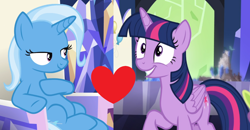 Size: 1800x936 | Tagged: safe, edit, edited screencap, imported from derpibooru, screencap, trixie, twilight sparkle, alicorn, all bottled up, celestial advice, female, lesbian, shipping, shipping domino, twilight sparkle (alicorn), twixie