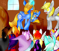 Size: 1024x894 | Tagged: safe, artist:gleaming-record, imported from derpibooru, derpy hooves, lyra heartstrings, oc, oc:harmony star, unnamed oc, alicorn, earth pony, pegasus, pony, unicorn, alicorn oc, baby, baby pony, colt, female, horn, male, mare, stallion