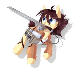 Size: 900x795 | Tagged: safe, artist:pekou, imported from derpibooru, pony, 3d maneuver gear, attack on titan, clothes, ponified, simple background, solo, sword, transparent background, weapon