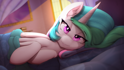 Size: 2560x1440 | Tagged: safe, artist:thebatfang, imported from derpibooru, princess celestia, alicorn, pony, bed, bedroom, bedroom eyes, blanket, cute, cutelestia, ear fluff, female, looking at you, lying down, mare, morning, morning ponies, pov, smiling, solo, wallpaper