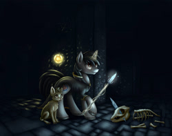 Size: 3652x2872 | Tagged: safe, artist:polkin, imported from derpibooru, oc, oc only, cat, bone, clothes, dungeon, male, skeleton, staff, stallion, unshorn fetlocks