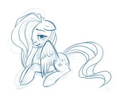 Size: 895x730 | Tagged: safe, artist:polkin, imported from derpibooru, fluttershy, pegasus, pony, female, floppy ears, hair over one eye, lidded eyes, looking at you, mare, monochrome, prone, sketch, solo