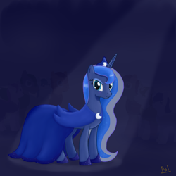 Size: 1500x1500 | Tagged: safe, artist:polkin, imported from derpibooru, princess luna, alicorn, pony, clothes, dress, female, gala dress, looking at you, mare, smiling, solo, spotlight