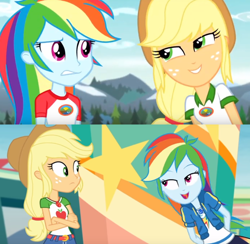 Size: 1102x1076 | Tagged: safe, edit, edited screencap, imported from derpibooru, screencap, applejack, rainbow dash, equestria girls, equestria girls series, legend of everfree, rollercoaster of friendship, appledash, applejack's hat, camp everfree outfits, clothes, comparison, cowboy hat, crossed arms, denim skirt, eye, eyes, female, friends, geode of empathy, geode of shielding, geode of sugar bombs, geode of super speed, geode of super strength, geode of telekinesis, hat, lesbian, look, magical geodes, shipping, skirt, together