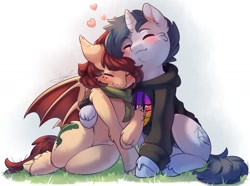 Size: 1409x1049 | Tagged: safe, artist:peachmayflower, imported from derpibooru, oc, oc only, oc:slumber tea, oc:tesseract, bat pony, pony, unicorn, bat pony oc, blushing, cheek fluff, clothes, couple, cuddling, cute, eyes closed, female, heart, holiday, hoodie, in love, male, mare, oc x oc, ocbetes, scarf, shipping, shoulder fluff, simple background, sitting, slumberact, soft color, stallion, straight, unshorn fetlocks, valentine's day, white background, ych result