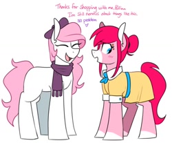 Size: 1152x952 | Tagged: safe, artist:redxbacon, imported from derpibooru, oc, oc only, oc:polina, oc:pollina, oc:soft mochi, earth pony, pony, blushing, clothes, duo