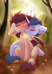 Size: 2893x4092 | Tagged: safe, artist:kebchach, imported from derpibooru, oc, oc only, oc:slumber tea, oc:tesseract, bat pony, unicorn, bat pony oc, blushing, cuddling, cute, heart, hug, slumberact, soft color, ych result