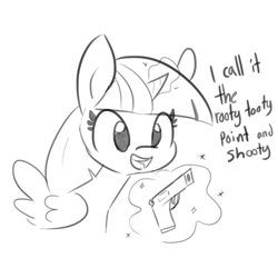 Size: 1080x1080 | Tagged: safe, artist:tjpones, imported from derpibooru, part of a set, twilight sparkle, alicorn, pony, dialogue, female, grayscale, gun, magic, mare, monochrome, rooty tooty point and shooty, simple background, solo, telekinesis, twilight sparkle (alicorn), weapon, white background