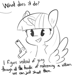 Size: 1080x1080 | Tagged: safe, artist:tjpones, imported from derpibooru, part of a set, pinkie pie, twilight sparkle, alicorn, pony, dialogue, female, grayscale, gun, magic, mare, monochrome, offscreen character, open mouth, rooty tooty point and shooty, simple background, telekinesis, twilight sparkle (alicorn), weapon, white background