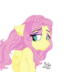 Size: 1280x1326 | Tagged: safe, artist:flutterbug18, imported from derpibooru, fluttershy, pegasus, pony, bust, eye clipping through hair, female, floppy ears, folded wings, looking away, looking down, looking sideways, mare, melancholy, simple background, solo, white background, wings