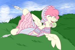 Size: 2118x1404 | Tagged: safe, artist:j053ph-d4n13l, imported from derpibooru, oc, oc only, oc:cheery candy, oc:cheery meadows, pegasus, pony, alternate hairstyle, alternate universe, clothes, cloud, commission, dress, eyes closed, feather, female, fetish, grass, headress, hoof fetish, hoof tickling, laughing, mare, multicolored hair, open mouth, rainbow hair, sky, solo, tickle torture, tickling