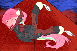 Size: 1700x1131 | Tagged: safe, artist:j053ph-d4n13l, imported from derpibooru, oc, oc only, oc:cheery candy, oc:hard-candy, pegasus, pony, alternate hairstyle, alternate universe, armor, commission, eyes closed, feather, female, fetish, helmet, hoof fetish, hoof tickling, laughing, mare, multicolored hair, open mouth, rainbow hair, solo, tickle torture, tickling