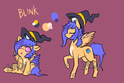 Size: 1200x800 | Tagged: safe, artist:lavvythejackalope, imported from derpibooru, oc, oc only, oc:blink, pegasus, pony, :o, baby, baby pony, cup, duo, eyes closed, hat, open mouth, pegasus oc, raised hoof, reference sheet, simple background, sitting, tattoo, teacup, text, underhoof, wings, witch hat