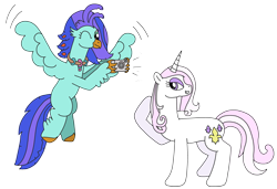 Size: 3247x2227 | Tagged: safe, artist:supahdonarudo, imported from derpibooru, fleur-de-lis, oc, oc:sea lilly, classical hippogriff, hippogriff, unicorn, series:fleurbuary, camera, flying, jewelry, necklace, one eye closed, posing for photo, raised hoof, simple background, taking a photo, transparent background