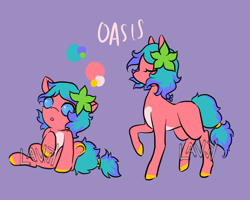 Size: 1000x800 | Tagged: safe, artist:lavvythejackalope, imported from derpibooru, oc, oc only, oc:oasis (yuki katseratsu), earth pony, pony, :o, baby, baby pony, colored hooves, duo, earth pony oc, eyes closed, flowerin hair, open mouth, raised hoof, reference sheet, simple background, sitting, text, underhoof