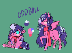 Size: 1100x800 | Tagged: safe, artist:lavvythejackalope, imported from derpibooru, oc, oc only, oc:oddball, pegasus, pony, :o, baby, baby pony, blush sticker, blushing, clothes, colored hooves, cup, duo, eyes closed, open mouth, pegasus oc, raised hoof, reference sheet, scarf, simple background, sitting, teacup, text, underhoof, wings