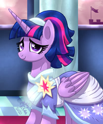 Size: 998x1200 | Tagged: safe, artist:joakaha, imported from derpibooru, twilight sparkle, alicorn, pony, the last problem, castle, clothes, coronation dress, dress, female, looking at you, mare, second coronation dress, smiling, solo, twilight sparkle (alicorn)