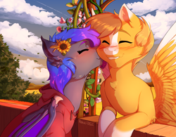 Size: 3145x2457 | Tagged: safe, artist:hakkids2, imported from derpibooru, oc, oc only, oc:grey, oc:pwospewity, bat pony, pegasus, pony, blushing, chest fluff, clothes, cloud, cute, ear fluff, eyes closed, flower, flower in hair, happy, hoodie, kissing, male, sky, stallion, warm