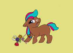 Size: 2853x2102 | Tagged: safe, artist:cavelupa, imported from derpibooru, oc, oc only, oc:blossom, earth pony, pony, bouquet, earth pony oc, flower, freckles, mouth hold, ribbon, simple background, solo