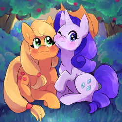 Size: 3000x3000 | Tagged: safe, artist:reallycoykoifish, imported from derpibooru, applejack, rarity, earth pony, unicorn, apple, apple tree, applejack's hat, couple, cowboy hat, female, food, hat, lesbian, rarijack, shipping, tree