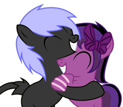 Size: 1156x1004 | Tagged: safe, artist:theironheart, imported from derpibooru, oc, oc only, earth pony, pony, bow, earth pony oc, eyes closed, female, grin, hair bow, hug, male, mare, oc x oc, shipping, simple background, smiling, stallion, transparent background