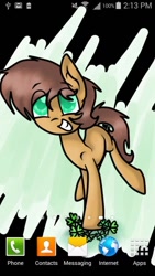 Size: 576x1024 | Tagged: safe, artist:mcwolfity, imported from derpibooru, oc, oc only, oc:charmed clover, clover, eye clipping through hair, four leaf clover, grin, male, phone screen, smiling, solo, stallion