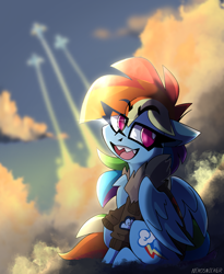 Size: 1514x1845 | Tagged: safe, artist:nekosnicker, imported from derpibooru, rainbow dash, pegasus, pony, bomber jacket, clothes, cloud, digital art, eye clipping through hair, female, jacket, mare, on a cloud, open mouth, sharp teeth, sitting, smiling, solo, teeth, wonderbolts