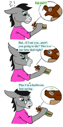 Size: 500x1011 | Tagged: safe, artist:chili19, imported from derpibooru, oc, oc only, oc:chili, anthro, bat, donkey, clothes, comic, donkey oc, exclamation point, female, food, glasses, interrobang, question mark, sandwich, simple background, surprised, white background