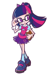 Size: 800x1200 | Tagged: safe, alternate version, artist:rvceric, imported from derpibooru, sci-twi, twilight sparkle, human, equestria girls, equestria girls series, book, clothes, cuffs (clothes), cute, female, glasses, human coloration, humanized, miniskirt, open mouth, pleated skirt, ponytail, shoes, simple background, skirt, socks, solo, twiabetes, white background