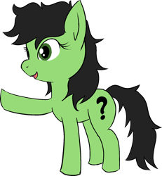 Size: 1319x1429 | Tagged: safe, alternate version, artist:poniidesu, imported from derpibooru, oc, oc only, oc:filly anon, earth pony, pony, /mlp/, cute, female, filly, messy mane, ocbetes, pointing, question mark, raised hoof, simple background, solo, transparent background