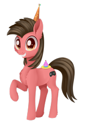 Size: 1010x1496 | Tagged: safe, artist:dusthiel, imported from derpibooru, oc, oc only, oc:ace play, earth pony, pony, cupcake, food, hat, male, party hat, simple background, solo, stallion, transparent background