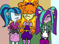 Size: 800x600 | Tagged: safe, artist:jargon scott, edit, imported from derpibooru, adagio dazzle, aria blaze, sonata dusk, equestria girls, asiago cheese bread, cursed image, disguise, disguised siren, ed edd n eddy, kanker sisters, style emulation, the dazzlings, the kanklings