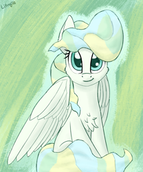 Size: 1250x1500 | Tagged: safe, artist:litrojia, imported from derpibooru, vapor trail, pegasus, pony, abstract background, cheek fluff, chest fluff, cute, female, looking at you, mare, sitting, solo, spread wings, vaporbetes, wings