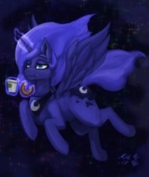 Size: 1077x1280 | Tagged: safe, artist:mik3thestrange, imported from derpibooru, princess luna, alicorn, pony, coffee, cup, donut, female, flying, food, lidded eyes, magic, mare, night, sky, snack, solo, stars, wings