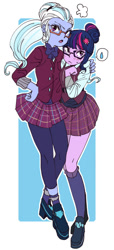 Size: 389x855 | Tagged: safe, artist:pasikon, edit, imported from derpibooru, sci-twi, sugarcoat, twilight sparkle, equestria girls, blushing, bowtie, clothes, cropped, crystal prep academy uniform, female, glasses, lesbian, looking at you, plaid skirt, pleated skirt, school uniform, shipping, shoes, skirt, socks, sugartwi