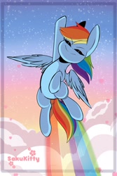 Size: 1365x2048 | Tagged: safe, artist:sakukitty, imported from derpibooru, rainbow dash, pegasus, pony, cloud, cute, dashabetes, eyes closed, female, flying, heart, mare, rainbow, rainbow trail, sky, smiling, solo, spread wings, wings