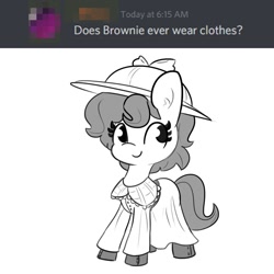 Size: 1080x1080 | Tagged: safe, artist:tjpones, imported from derpibooru, oc, oc only, oc:brownie bun, earth pony, pony, boots, clothes, cute, dress, female, grayscale, hat, mare, monochrome, ocbetes, shoes, simple background, solo, white background