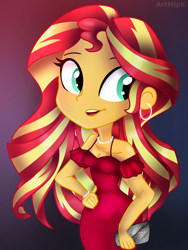 Size: 1800x2400 | Tagged: safe, artist:artmlpk, imported from derpibooru, sunset shimmer, human, equestria girls, bracelet, breasts, cleavage, clothes, cute, digital art, dress, ear piercing, earring, fashion, female, hand on hip, hands on hip, jewelry, looking over shoulder, necklace, piercing, red dress, shimmerbetes, solo