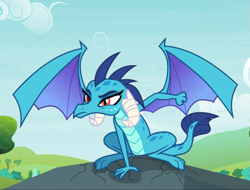 Size: 985x748 | Tagged: safe, imported from derpibooru, screencap, princess ember, dragon, triple threat, cropped, crouching, dragoness, female, landing, rock, solo, spread wings, superhero landing, wings