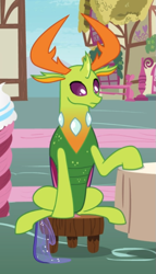 Size: 467x819 | Tagged: safe, imported from derpibooru, screencap, thorax, changedling, changeling, triple threat, cropped, king thorax, looking down, male, sitting, solo, table