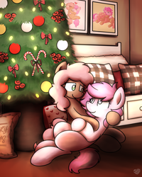 Size: 2048x2560 | Tagged: safe, artist:sugar morning, imported from derpibooru, oc, oc only, oc:kayla, oc:mary jane, earth pony, pegasus, bed, candy, candy cane, christmas, christmas tree, female, food, holding head, holiday, kayry, lesbian, looking at each other, mare, oc x oc, pillow, shipping, snuggling, tree