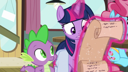 Size: 1920x1080 | Tagged: safe, imported from derpibooru, screencap, cup cake, spike, twilight sparkle, alicorn, dragon, a trivial pursuit, bag, saddle bag, scroll, twilight sparkle (alicorn), winged spike, wings