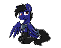 Size: 2560x2048 | Tagged: source needed, useless source url, safe, artist:sugar morning, imported from derpibooru, oc, oc only, oc:jet black, pegasus, pony, armor, clothes, commission, lidded eyes, looking at you, male, simple background, sitting, smiling, socks, solo, spread wings, stallion, transparent background, wings